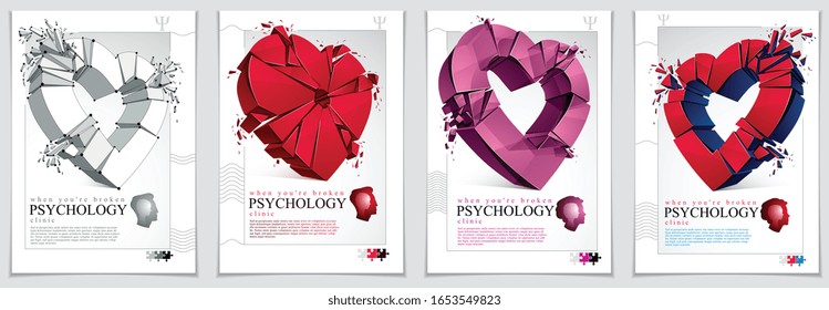 Breakup concept of Broken heart, 3D realistic vector illustration of heart symbol exploding to pieces, flyer or brochure for psychology clinic, consultation and therapy. Creative idea breaking love.