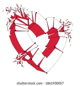 Breakup concept of Broken heart, 3D realistic vector illustration of heart symbol exploding to pieces. Creative idea of breaking apart love, break up.