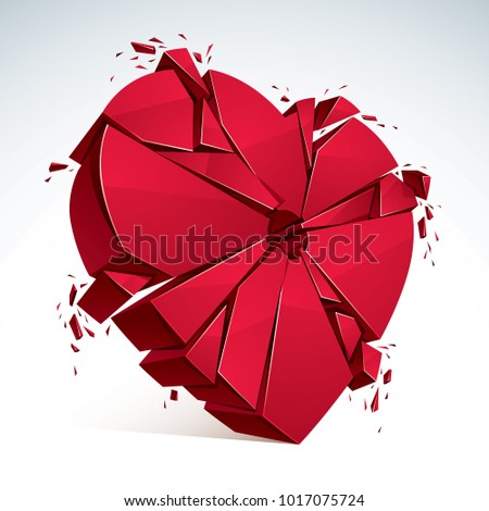 Breakup concept of Broken heart, 3D realistic vector illustration of heart symbol exploding to pieces. Creative idea of breaking apart love, break up.