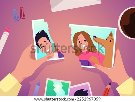 Breakup concept, hands holding torn photo of couple - flat vector illustration. Sad and negative memories concept. Photograph of divorced couple.