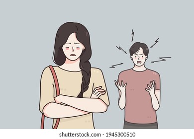 Breakup, Divorce And Quarrelling Concept. Young Unhappy Couple Girlfriend And Boyfriend Standing Quarrelling Fighting Ready For Breaking Up Vector Illustration 