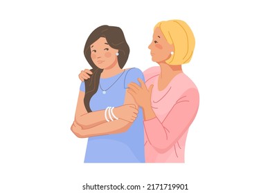 Amigos divididos. Empatía persona reconfortando a la mejor amiga, apoyo a mamá abrazo a un niño reconfortado triste, comodidad amistosa o de los padres, caricatura ilustrativa vectorial de la madre adolescente solidaria