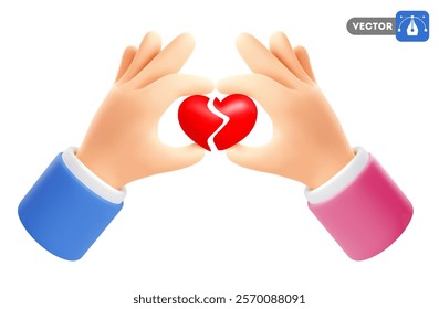 Breakup heart, concept of reconciliation, restore love. 3D realistic hands holding two halves of broken heart, trying to connect them. Isolated on white background. Vector illustration