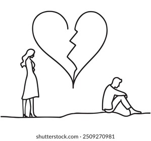 Breakup love silhouette. Broken heart shape. Black vector illustration