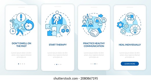 Breakup recovery onboarding mobile app page screen. Individual emotional healing walkthrough 4 steps graphic instructions with concepts. UI, UX, GUI vector template with linear color illustrations