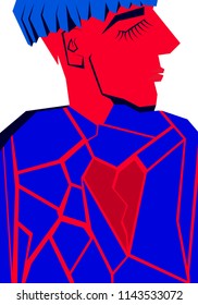 Breakup of the relationship, the broken heart of a guy. Vector illustration - a sad mood.