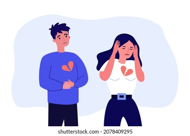 Breakup of sad man and woman with broken hearts. Unhappy heartbroken couple people in conflict flat vector illustration. Divorce, end of love concept for banner, website design or landing web page