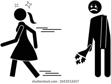 Breakup stickman showing a crying man with flowers and a woman walking away. Perfect for heartbreak, rejection, or failed love themes.