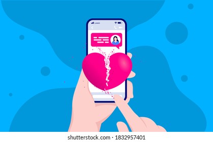 Breakup Text - Hand Holding Smartphone And Breaking Up Via Text Message. Ending Relationship Concept. Vector Illustration.