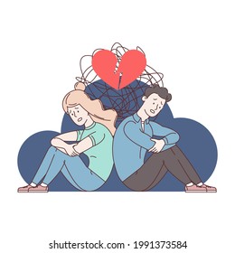 The Breakup Of A Young Couple. Upset Man And Woman Sitting On The Floor Embracing Knees With Hands. A Broken Heart. Conflict In The Family. Chaos In The Mind. Flat Vector Illustration. 