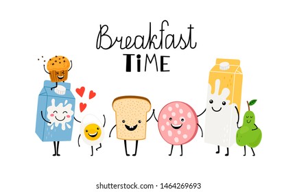 Brealfast time, characters bread milk and food. Vector yummy toast, comic funny ingredient for morning illustration