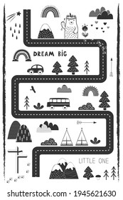 Bream Big, Little One - Cute Kids Poster, Mat Or Tapestry In Scandinavian Style. Road, Mountains And Woods Adventure Map. Nursery Monochrome Black And White Print, Vector Illustration.