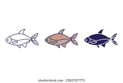 Iconos de la línea de peces breves y vectores sólidos