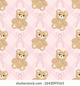 Brear bow on pink background, pink checkered pattern, fabric pattern, gift wrapping paper , seamless pattern 