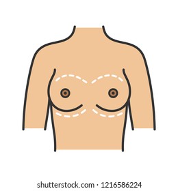 Breast augmentation color icon. Corrective woman breast surgery. Mammoplasty. Plastic surgery. Isolated vector illustration