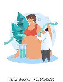 Breast augmentation concept. Correction of your own body with help of plastic surgery and implants. Examination by specialist. Cartoon modern flat vector illustration isolated on white background
