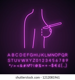 Breast augmentation incision neon light icon. Corrective woman breast surgery. Mammoplasty. Plastic surgery scalpel incision. Glowing sign with alphabet, numbers, symbols. Vector isolated illustration