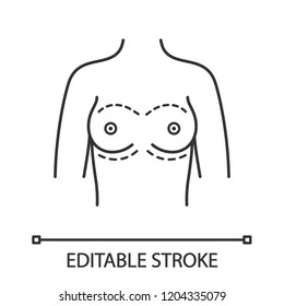 Breast augmentation linear icon. Corrective woman breast surgery. Thin line illustration. Mammoplasty. Plastic surgery. Contour symbol. Vector isolated outline drawing. Editable stroke
