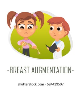 Breast augmentation medical concept. Vector illustration. Doctor and patient are talking in the hospital. Isolated on white background.