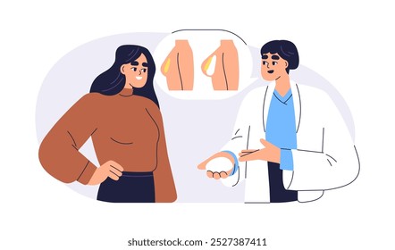 Aumento de mamas, consulta y preparación de cirugía plástica. Médico consultando paciente femenina sobre el aumento de implantes, levantamiento estético. Ilustración vectorial plana aislada sobre fondo blanco