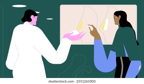 Breast augmentation, plastic surgery consultation and preparation. Doctor consulting female patient about implant increase, aesthetic lifting. Flat vector illustration isolated on white background 