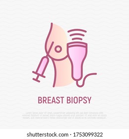 Breast biopsy thin line icon. Syringe and ultrasound near the breast. Medical diagnostics of oncology. Vector illustration.