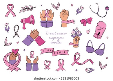 Breast cancer awarenes month set of doodles, cartoon elements, clip art for stickers, prints, cards, social media decor, scrapbooking, etc. EPS 10