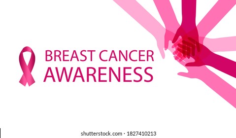 Breast cancer awareness background or banner  with joined women hands and pink ribbon, vector illustration