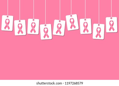 Breast cancer awareness background with hanging pink ribbon tags or cards on a pink background and space for text and headline. Pink ribbon cover template.