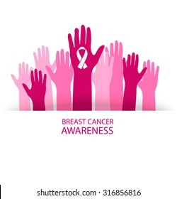 Breast cancer awareness background with human hands and pink ribbon.  Breast cancer prevention and awareness concept