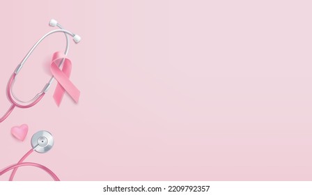 Antecedentes de sensibilización sobre el cáncer de mama con la cinta rosada de símbolos internacionales y el estetioscopio. Ilustración del vector