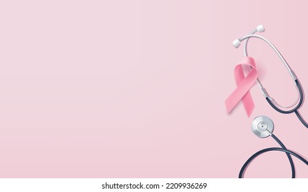 Breast Cancer Awareness Background with International Symbol Pink Ribbon and Stethoscope. Top view. Vector illustration