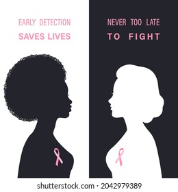 Breast cancer awareness background with isolated black and white women silhouettes. Early detection saves lives, it is never too late to fight.