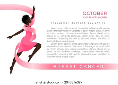 Breast cancer awareness background with isolated figure of a running black woman curled in a pink ribbon. Place for text. Vector illustration