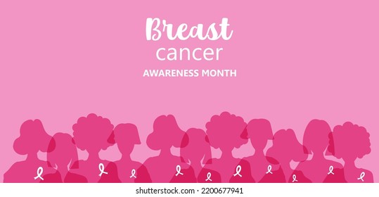 Conciencia sobre el cáncer de mama. Octubre es el mes de la toma de conciencia sobre el cáncer de mama en el mundo. Diseño con mujer y cinta rosa. Vector.