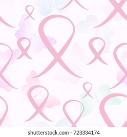 Breast cancer awareness background with pink ribbon. seamless background. vector illustration