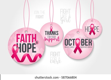 Breast cancer awareness badges. October is month of breast cancer awareness in the world. Vector illustration