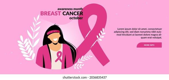 Breast Cancer awareness banner illustration. Faceless woman with pink ribbon. Pink october month female healthcare campaign solidarity web template design. Pinktober flat vector cartoon illustration