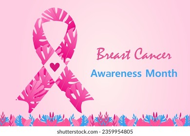 Breast Cancer awareness banner illustration. Pink ribbon, flowers, and heart love. Healthcare campaign.