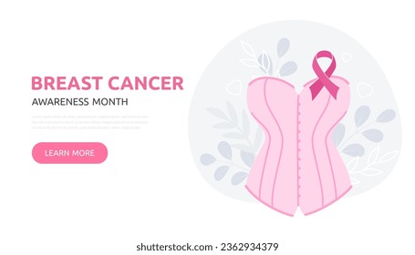 Breast Cancer awareness banner illustration. Corset with pink ribbon. Pink october month female healthcare campaign solidarity web template design. Vector illustration.