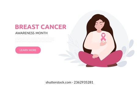 Ilustración de la campaña de sensibilización sobre el cáncer de mama. Mujer con cinta rosa. Diseño de plantillas web de la campaña de solidaridad para la salud femenina en el mes de octubre. Ilustración vectorial.