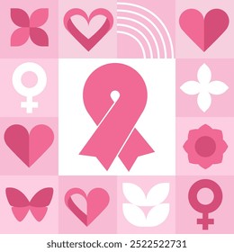 Breast Cancer awareness banner illustration. Pink October month female healthcare campaign solidarity. Modern geometric seamless pattern. Vector concept minimalist design.