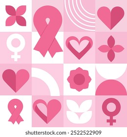 Banner-Illustration zur Brustkrebserkennung. Rosa Oktober Monat weibliche Gesundheitskampagne Solidarität. Modernes geometrisches nahtloses Muster. Vektorkonzept minimalistisches Design.