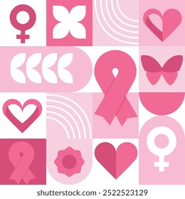 Ilustración de Anuncio de concienciación sobre el cáncer de mama. Mes rosa de octubre campaña de solidaridad de salud femenina. Modelo inconsútil geométrico moderno. Concepto de Vector de diseño minimalista.