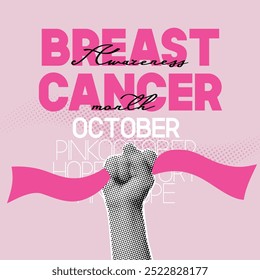 Breast Cancer awareness banner illustration. Halftone hands holding pink ribbons. Minimalist background with collage elements for mixed media design.