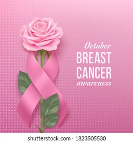 Breast cancer awareness banner. Photorealistic pink rose and ribbon on a pink background. Vector illustration.