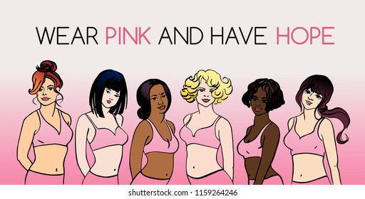 Breast cancer awareness banner. Portrait of european, indian, african, asian, arabian women. Sketching female healthcare illustration