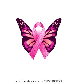 Plantilla de banner para la toma de conciencia del cáncer de mama con línea geométrica rosa y puntos de cinta y mariposa aislados en fondo blanco. Ilustración vectorial de diseño moderno. 