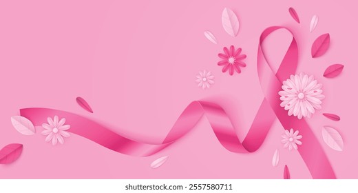 Breast cancer awareness banner template. Vector realistic illustration of silk ribbon loop, flower petals and leaves on pink background, women health medical campaign, charity project poster layout