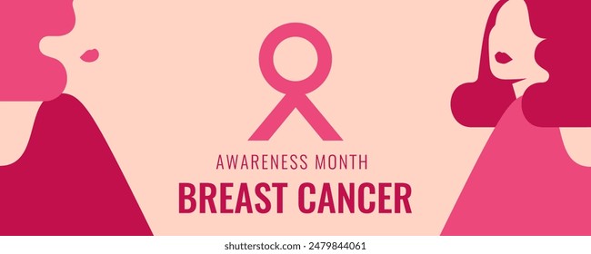 Breast cancer awareness banner with Two Women and pink ribbon with text. Horizontal Poster of support and solidarity with females fighting oncological disease. Vector illustration